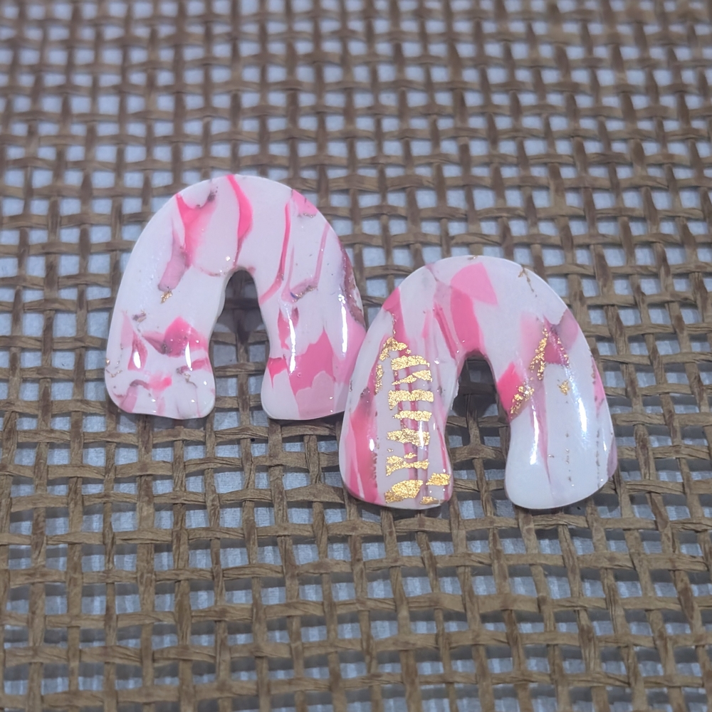 Pink and White Swirled Resin Earrings with Gold Accents